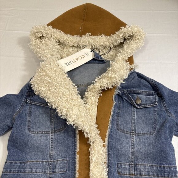 B. COATURE Long Duster Denim Jacket HOOD FAUX SUEDE FAUX SHERPA WOMEN SM NWT - Picture 3 of 11